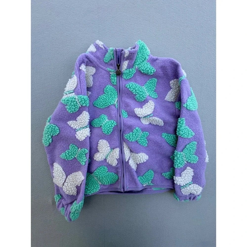 Lucky Brand Girls Purple Butterfly Fleece Zip Jacket Mint Green Sherpa‎ Size 7/8
